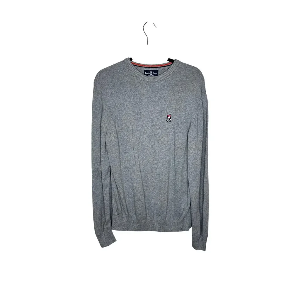 Psycho Bunny Mens Large Gray Pima Cotton Crewneck Sweater Embroidered Logo EUC